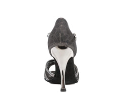 Rückansicht eines Dancing Queens 705 Tanzschuhes in Silber & Schwarz mit einem metallisch glänzenden Stilettoabsatz.