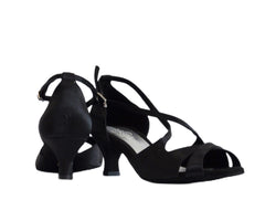 Tanzschuhe 736 von Dancing Queens aus schwarzem Satin: Riemchensandalen mit Absatz für Bachata, Vorder- und Rückseite abgebildet.