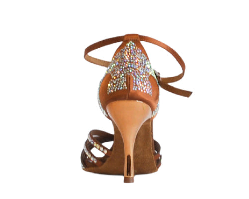 Lidmag 743/L3 Tanzschuhe: Braune High Heels in RASO TAN STRASS mit Fesselriemchen und Glitzersteinen, Rückansicht.