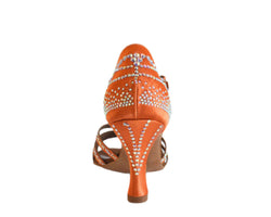 Rückansicht eines Lidmag 745 Copper Satin Strass Tanzschuhs, orange mit bunten Strasssteinen.