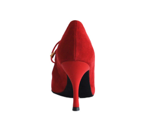 Rückansicht des 754 Red Suede, eines schlanken Stilettos von Alvares Dance Shoes, auf weißem Hintergrund.