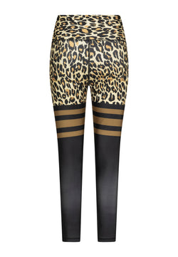 Lisminas 893 Leggings mit extra hoher Taille in Leopardenmuster mit schwarzer unterer Hälfte und Streifen in Knienähe, Rückansicht.