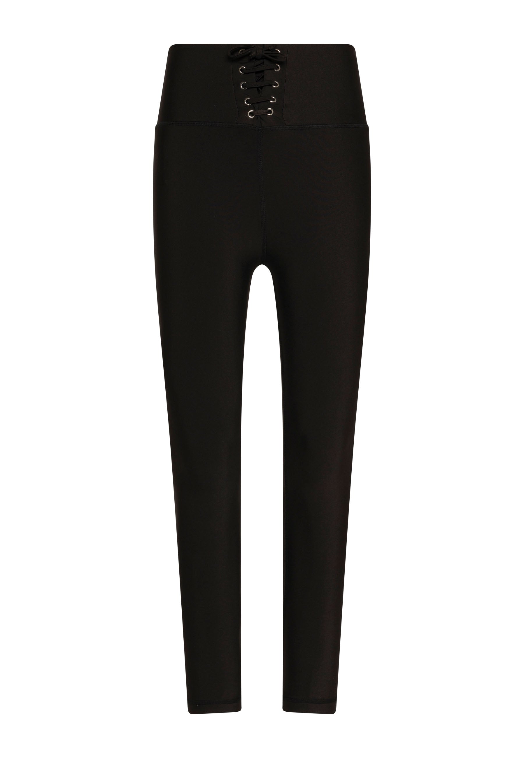 Lismina 211 schwarze Extra High Waist Leggings mit Bändel am Bund, Frontansicht.