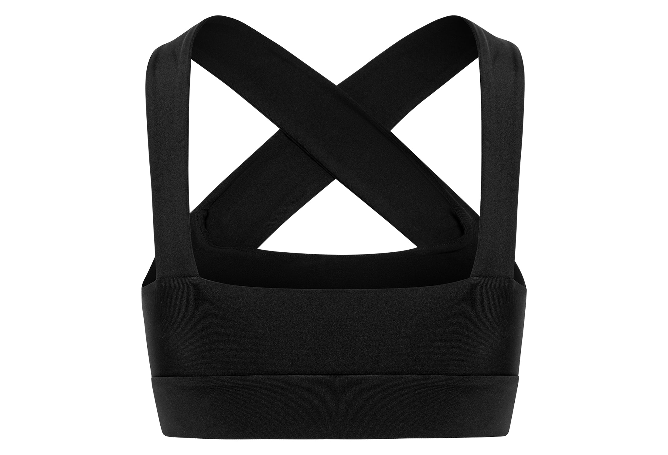 Der 187 Decoltée Sport-BH von Lismina in Schwarz hat gekreuzte Träger am Rücken, ideal für Yoga und Fitness.