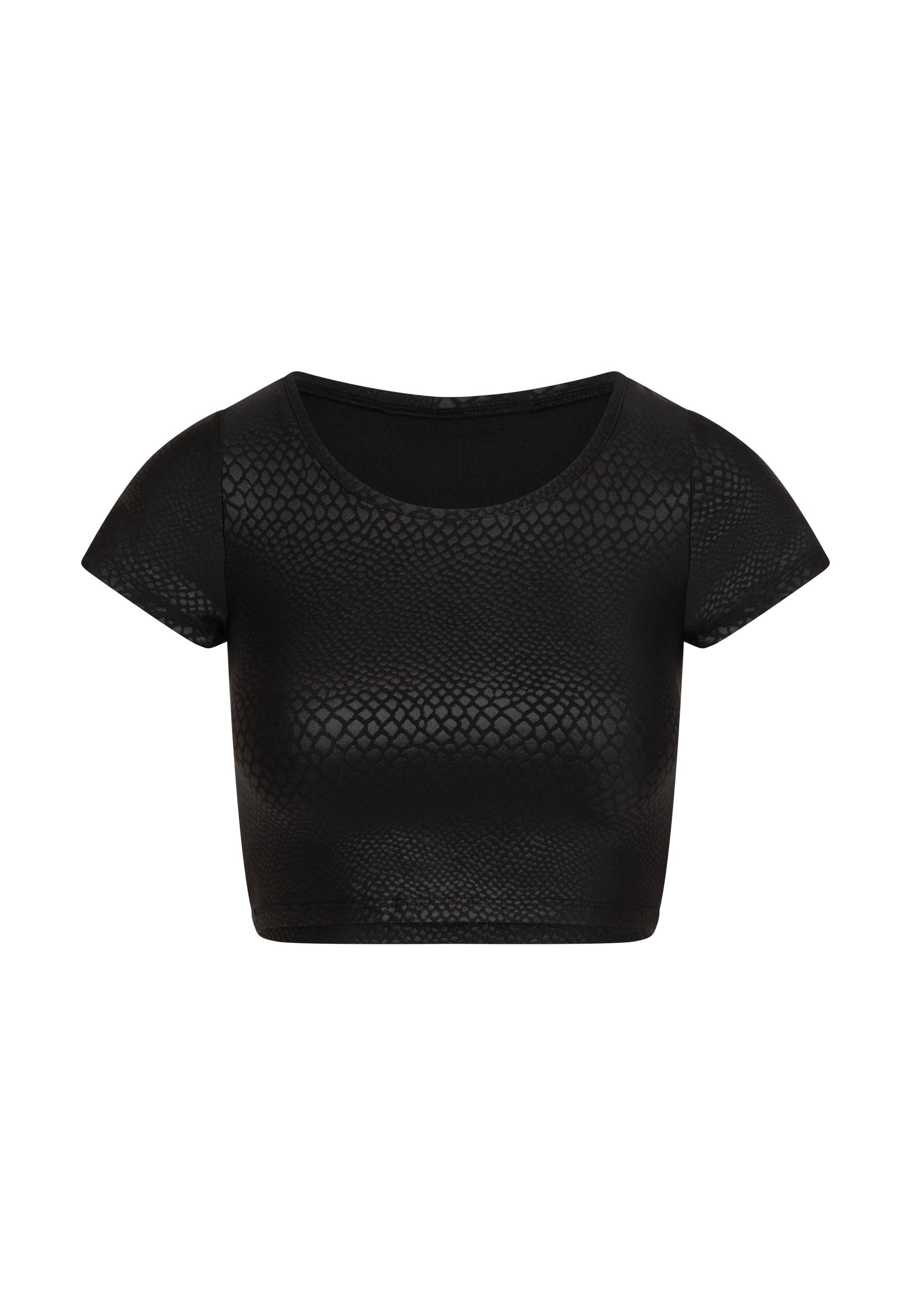 T-Shirt 063 von Lismina: Schwarz, Lederoptik mit dezentem Strukturmuster und kurzen Ärmeln, Cropped-Style.