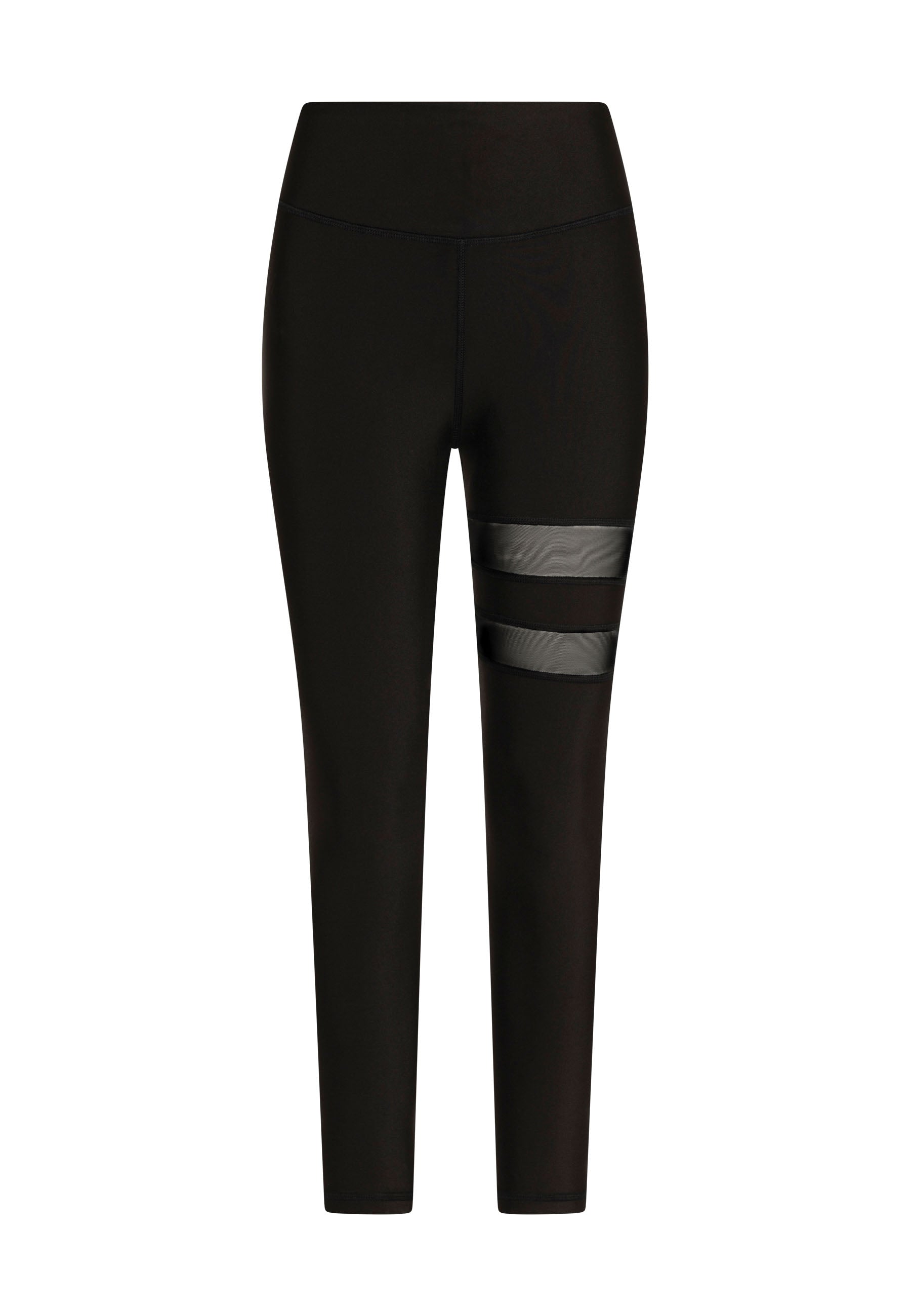 Lisminas 913 Sport-Leggings mit Tülldetails in Schwarz, hoch tailliert mit zwei Reflektorstreifen am rechten Oberschenkel.