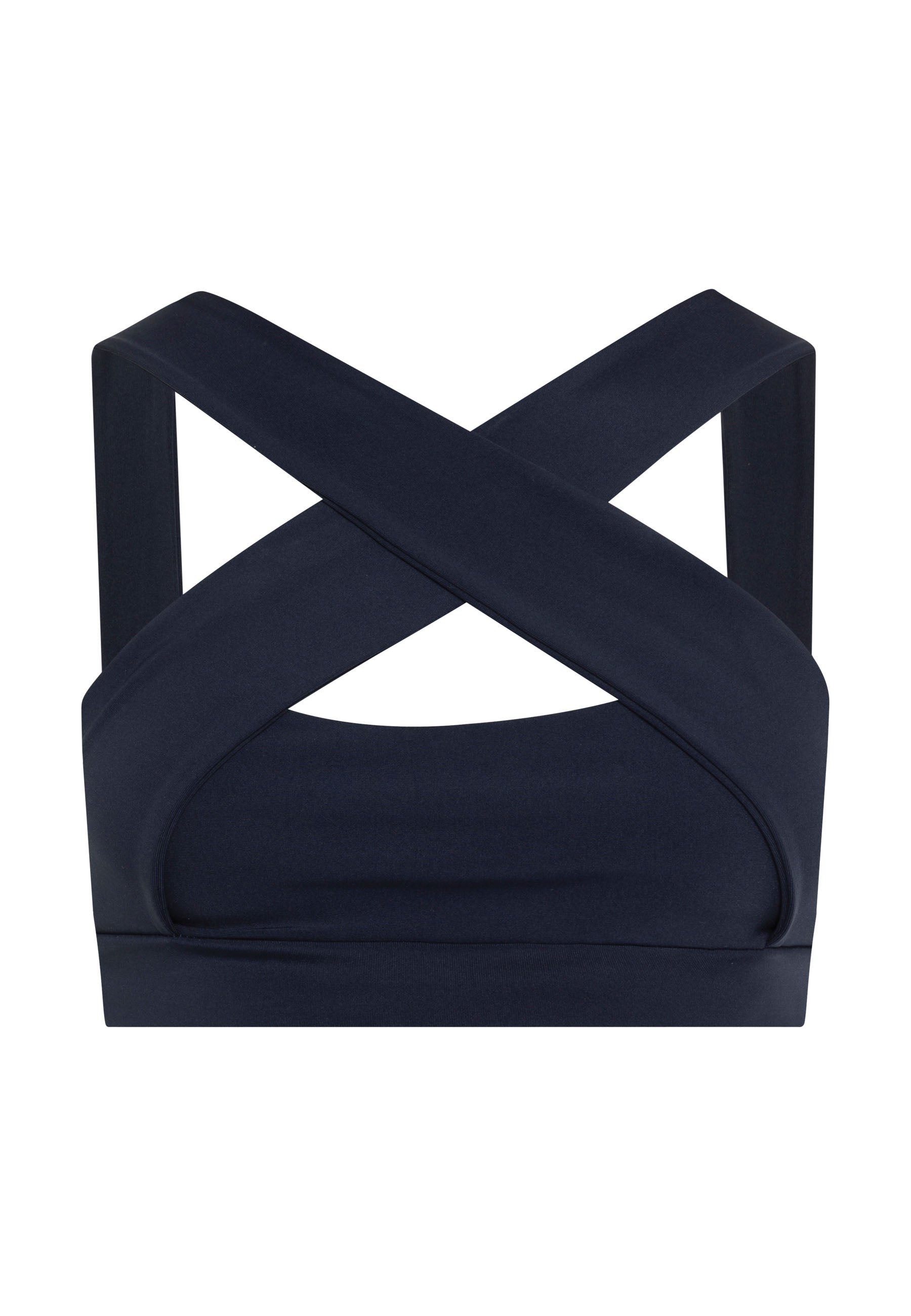 Der 200 Decoltée Sport-BH von Lismina in Marineblau hat breite, überkreuzte Träger und ein solides Band, ideal für Yoga oder Fitness.