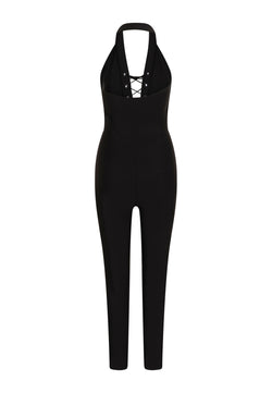 Esmeraldas Lucia-Jumpsuit in Schwarz hat eine Schnürung vorne und schmale Beine, perfekt zum Entspannen nach dem Yoga.