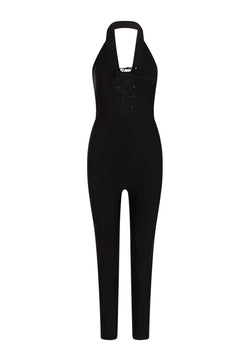 Esmeraldas Lucia-Jumpsuit in Schwarz: Schwarz, Neckholder mit Schnürung vorne, taillierte Taille, gerade Beine.