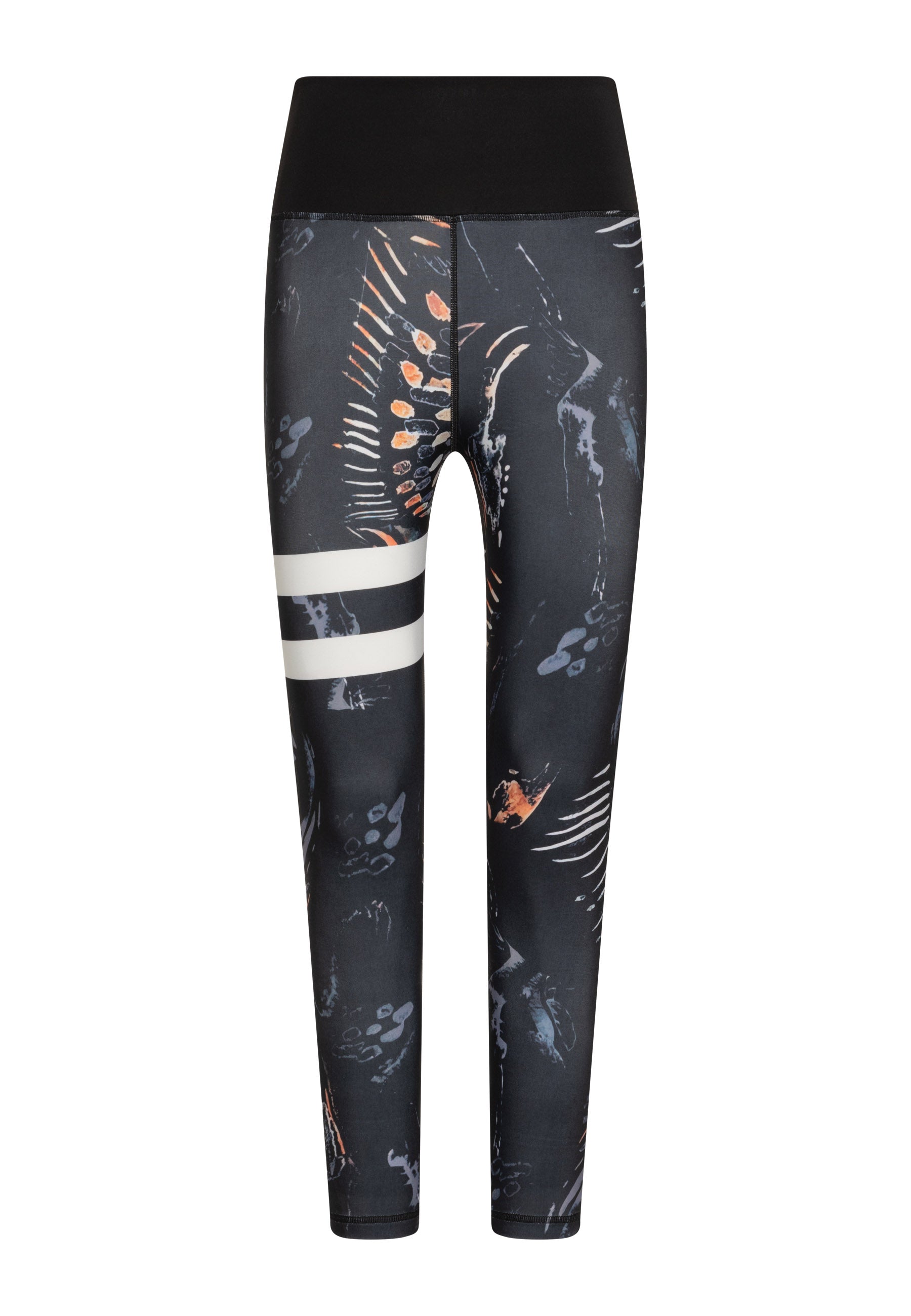 Lisminas 1163 Leggings: Extra hohe Taille, schwarz & blau, abstrakter Animalprint mit zwei weißen Streifen auf einem Bein.
