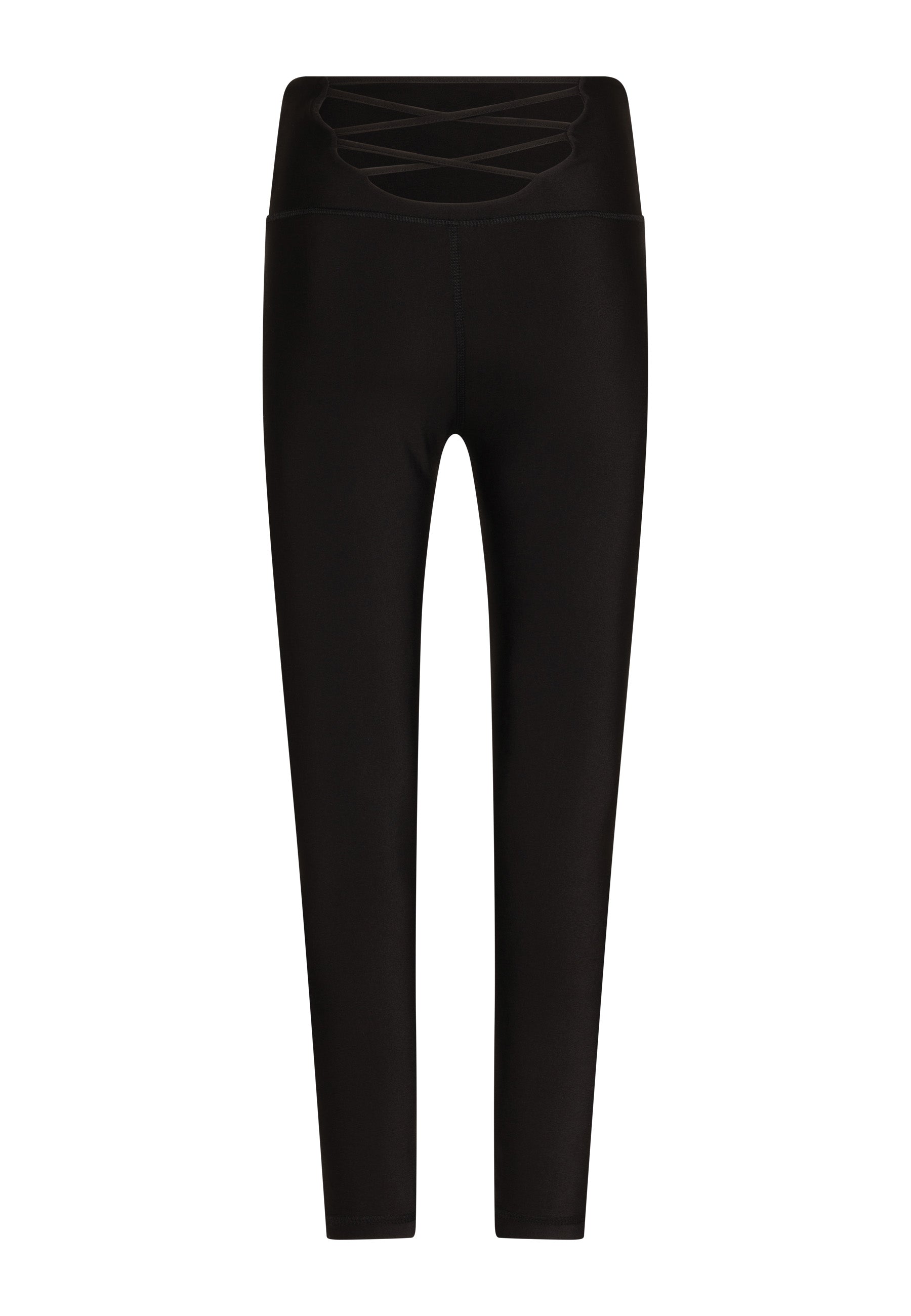 Die 297 High Waist Leggings von Lismina in Schwarz haben eine überkreuzte Taille für einen schlank machenden Effekt auf Weiß.
