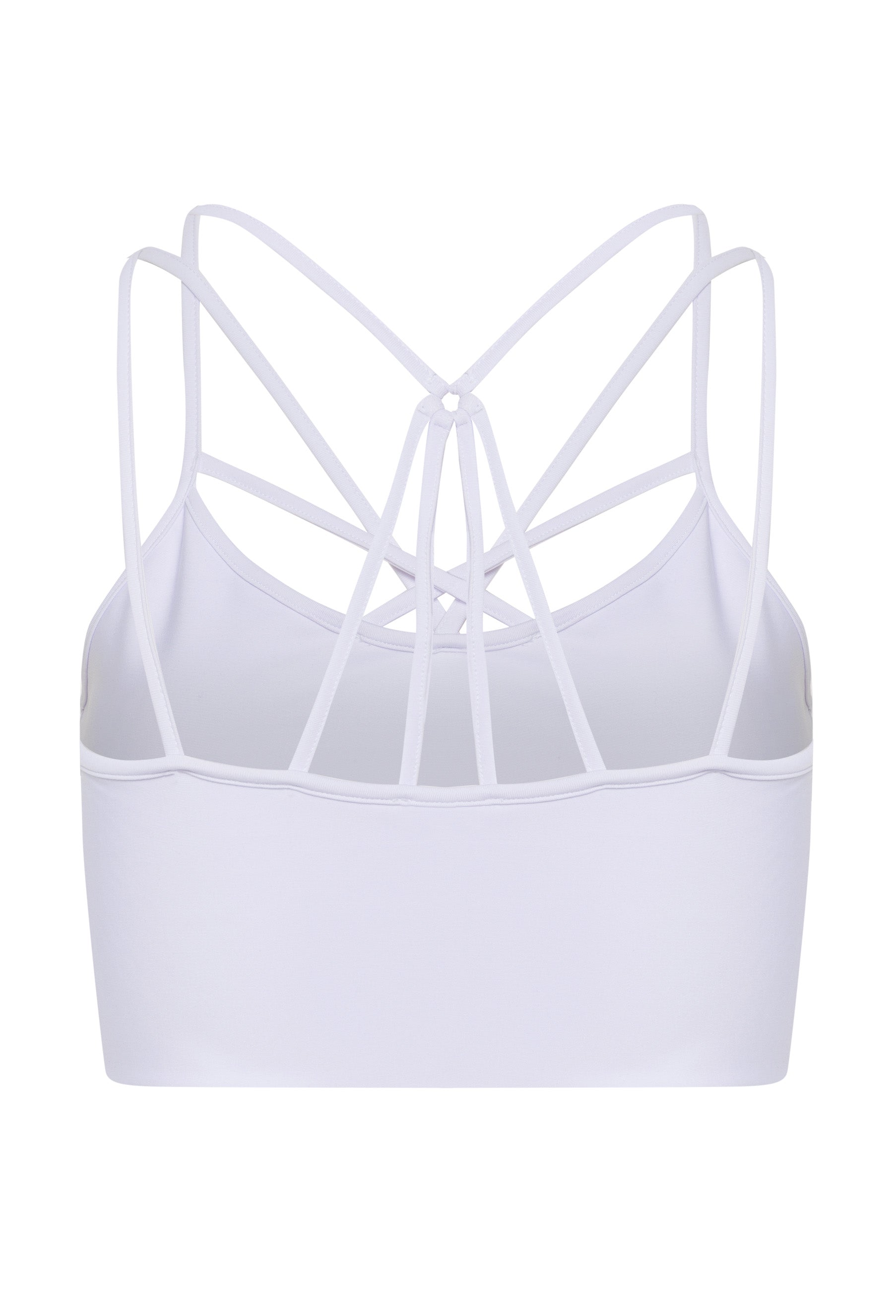 Der 121 Sport-BH in Weiss von Lismina verfügt über ein weißes Riemchendesign mit überkreuzter Rückseite auf Weiß.