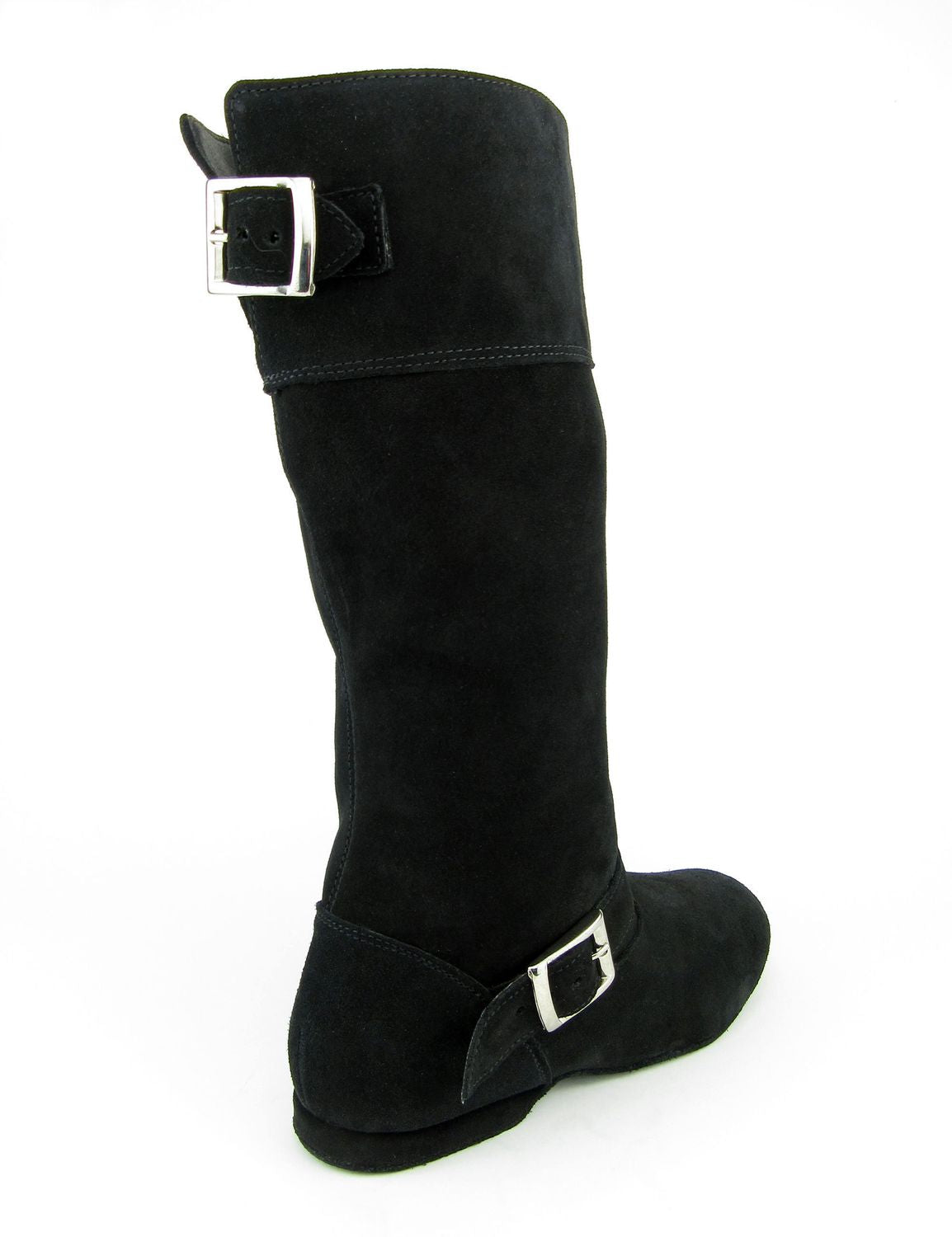 Hoher 8830 West Coast Swing Tanzstiefel von Rumpf in Schwarz mit silbernen Schnallen auf weißem Hintergrund.