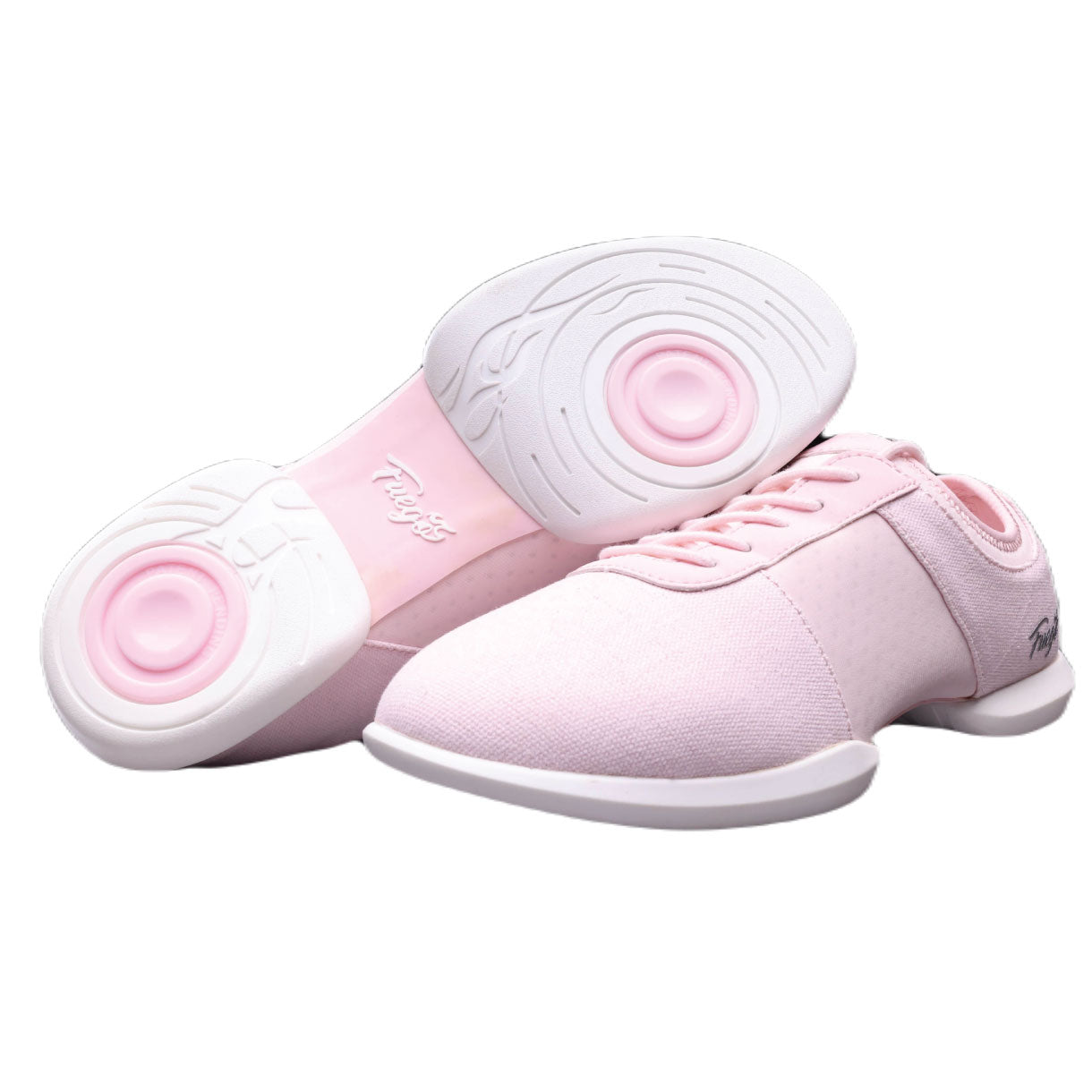 Ein Paar Fuego Dance Sneakers in Pink, einer flach und der andere auf der Seite, mit weißer, stoßdämpfender geteilter Sohle.
