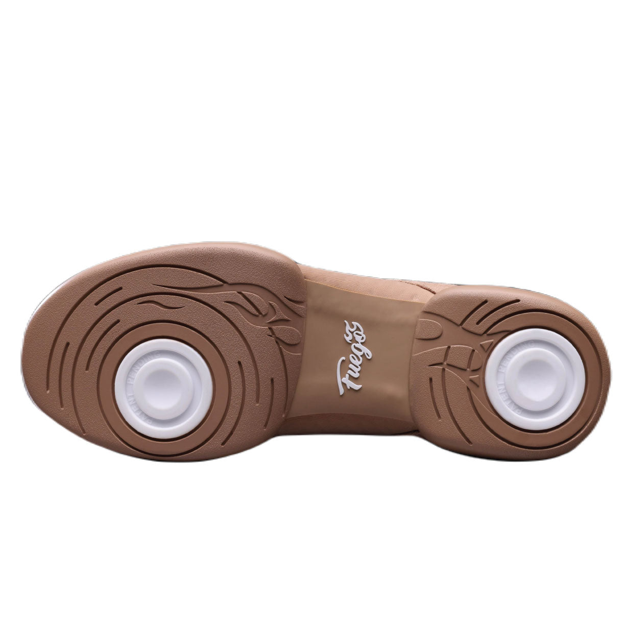 Braune Schuhsohle mit runden weißen Noppen und „Frugos“, ideal für vegane Fuego Dance Sneakers Split Sole in Latte.