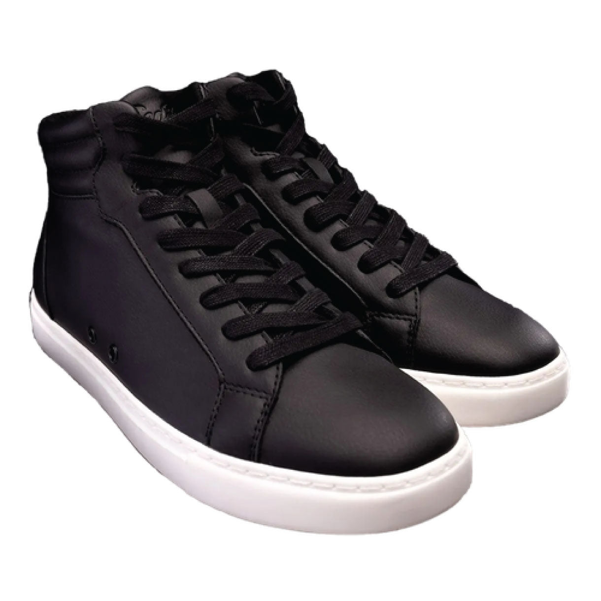 Ein Paar Fuego High-Top Dance Sneakers in Schwarz/Weiss von Fuego Dance Shoes, rechts geschnürt und abgewinkelt.
