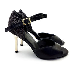 Alya Tanzschuhe in Schwarz Glitter: High Heels mit glitzernder Fersenabdeckung, Fesselriemchen und goldener Schnalle von Dancing Queens.