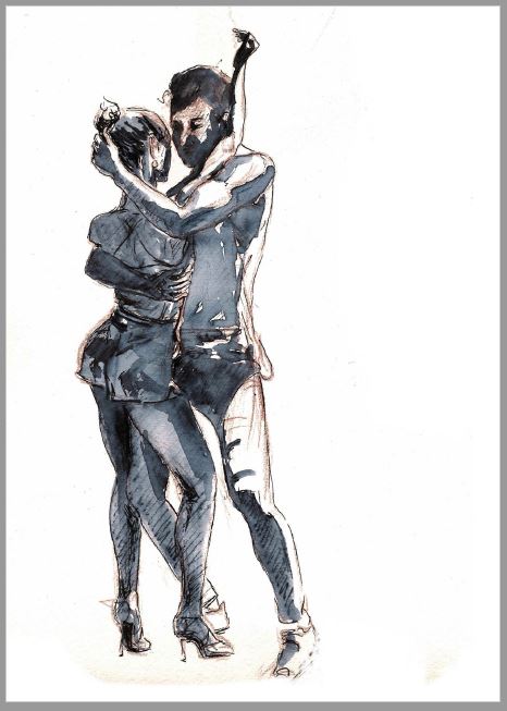 A6 Postkarte Bachata Sensual von Corina: Aquarell eines tanzenden Paares, ideal für eine Geburtstagskarte.