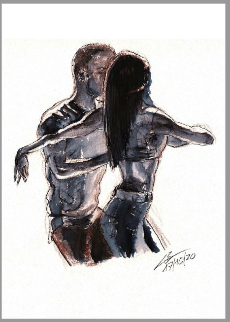 Eine A6-Postkarte „Dile Que No“ von Corina, die Tänzer beim Tanzen zeigt, mit detaillierter Schattierung und einer Datumssignatur.