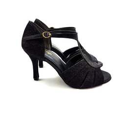 ESP09 Tanzschuhe in Schwarz von Dancing Queens mit goldener Schnalle, nebeneinander auf weißem Hintergrund.