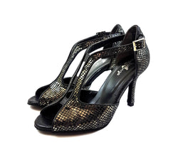 Dancing Queens ESP11 Tanzschuhe in Schwarz: T-Riemen-High Heels mit reflektierendem Muster.