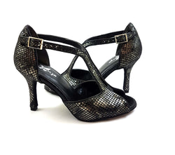 ESP11 Tanzschuhe in Schwarz von Dancing Queens, schwarze Riemchensandaletten mit silbernem Schlangenhautmuster.