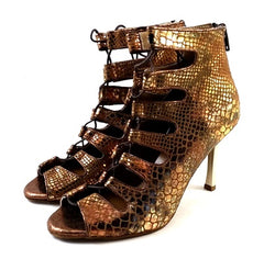Electra-Tanzschuhe in Bronze Piton von Dancing Queens: offene Zehenpartie, Cutout-Design, Schlangenmuster, Reißverschluss.