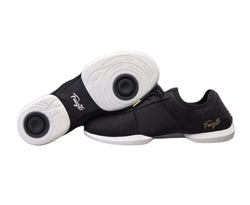 Fuego Dance Sneakers: Schwarze Sneakers mit gesplitteten Sohlen, Pivot Point und goldenen Logos.