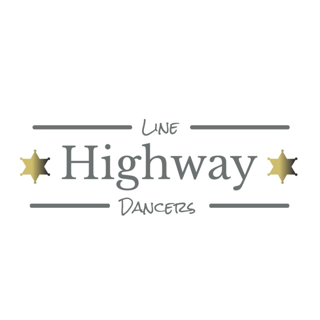 „Highway Line Dancers“ von Tanzkurse verfügt über ein Textlogo und Sternabzeichen, ideal für Line Dance-Fans.
