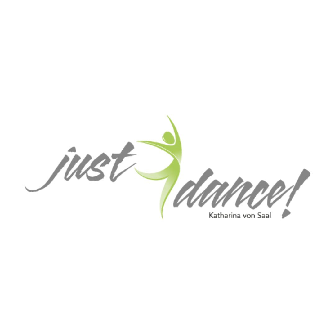 Logo mit „Just dance!“ in Grau, mit stylischer grüner Tänzersilhouette, inspiriert von den Tanzkursen Thalwil.