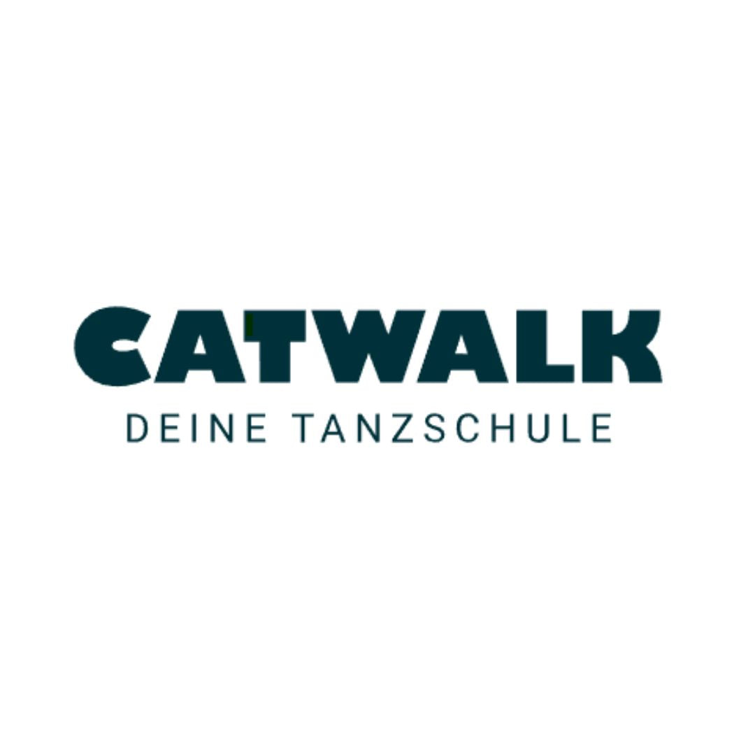 Auffälliges „Catwalk“-Logo mit „Tanzkurse“ darunter auf weißem Hintergrund, perfekt für Tanzkurse.