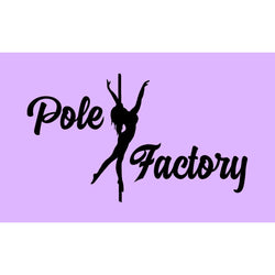 Silhouette einer Tänzerin auf einer Stange, die „Tanzkurse Polefactory“ vor einem violetten Hintergrund hervorhebt.