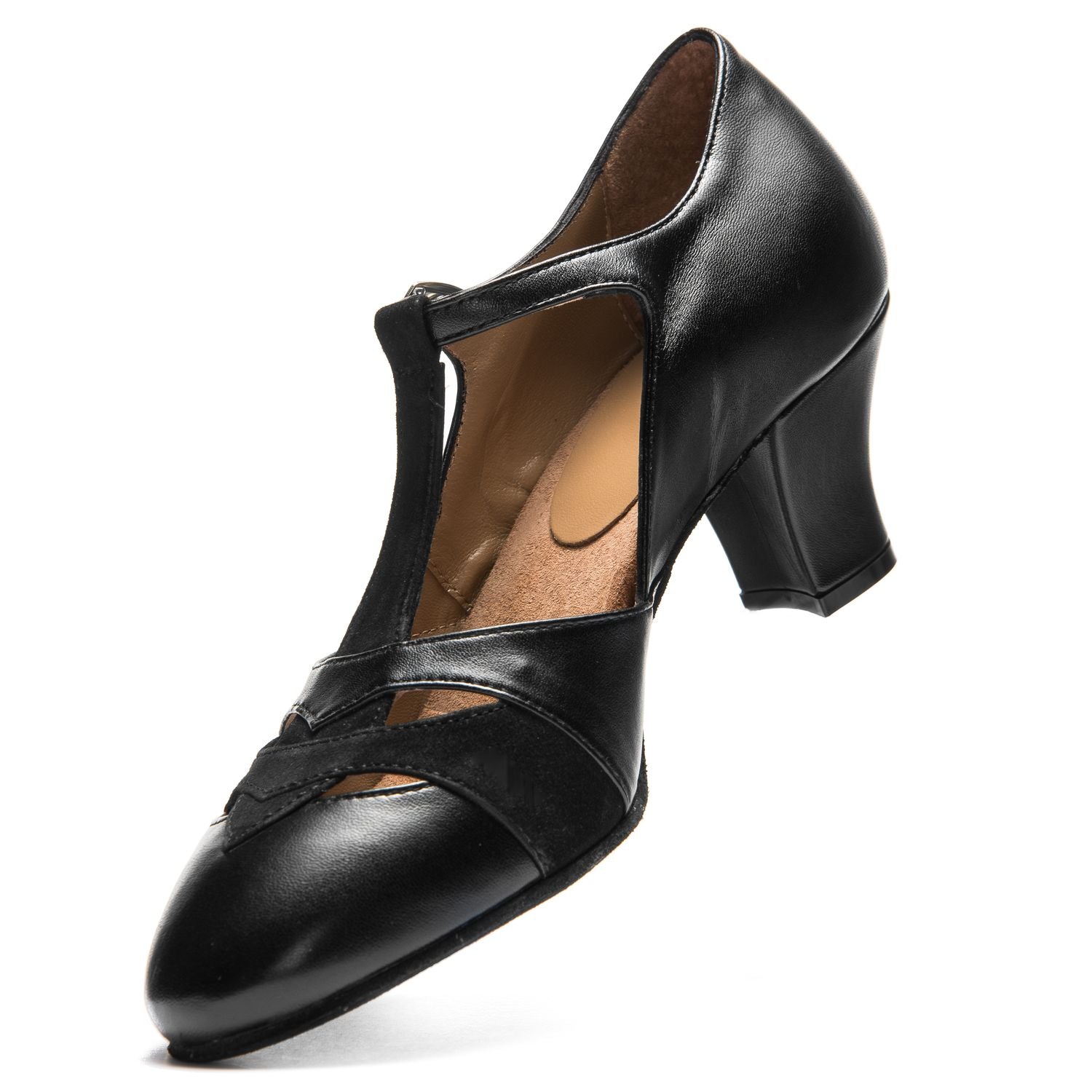 Rumpf 9233 Damen-Swingschuhe in Schwarz mit T-Riemen, Cutout-Design und kräftigem Absatz aus hochwertigem Leder.