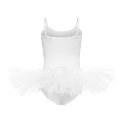 Weißes Tutu und Body R3105 von Rumpf mit Spaghettiträgern und einem mehrlagigen Tüllrock vor weißem Hintergrund.