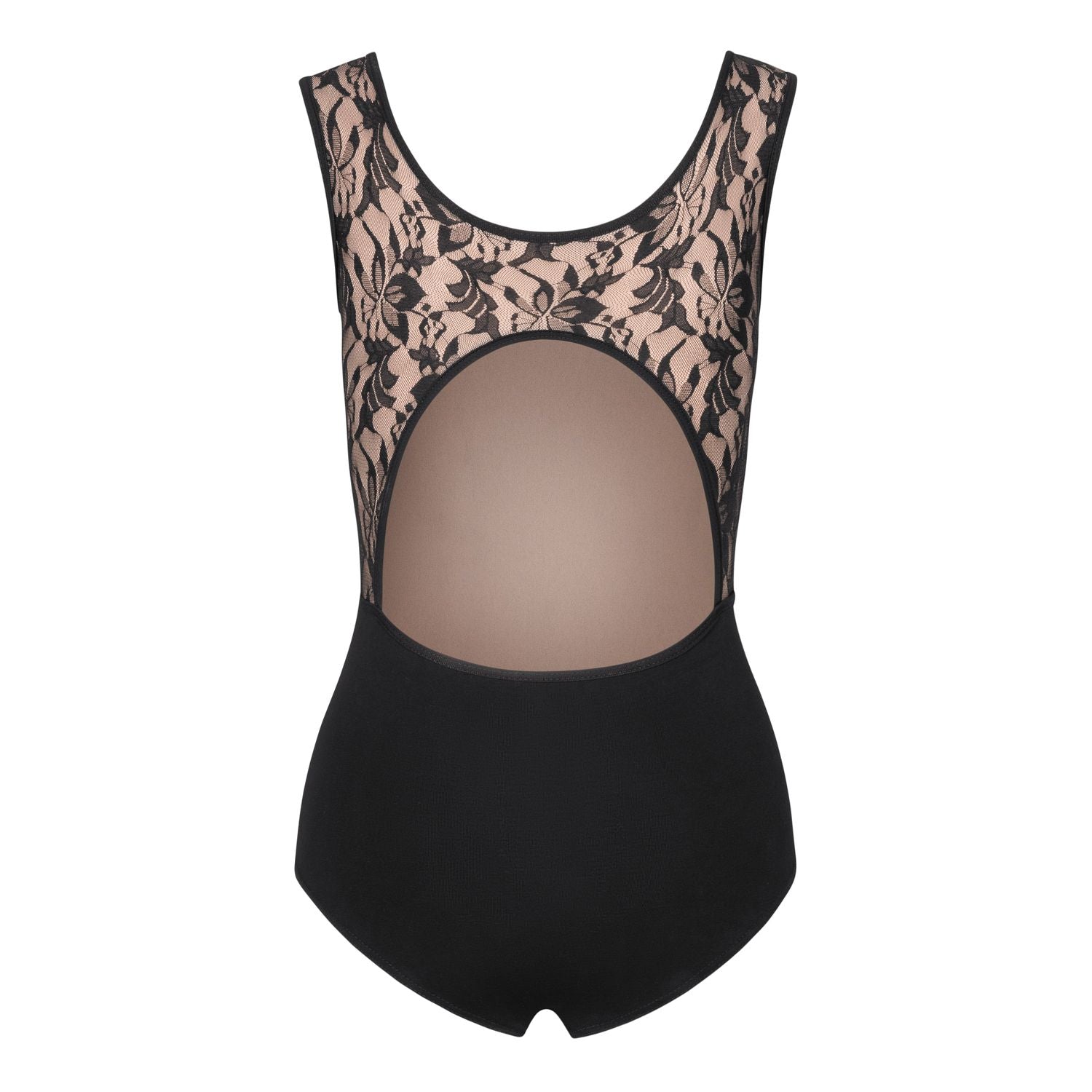 Rumpf R3110 Damen-Body in Schwarz mit Spitzendetails und kreisförmigem Netzausschnitt im oberen Bereich.