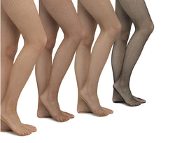 Vier Beinpaare in Rumpfs 111 Netzstrumpfhose Classic Toast, posierend vor einem weißen Hintergrund.