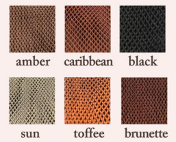 Sechs in Italien handgefertigte Pridanza-Netztexturen: Bernstein, Karibik, Schwarz, Sonne, Toffee, Brünette.