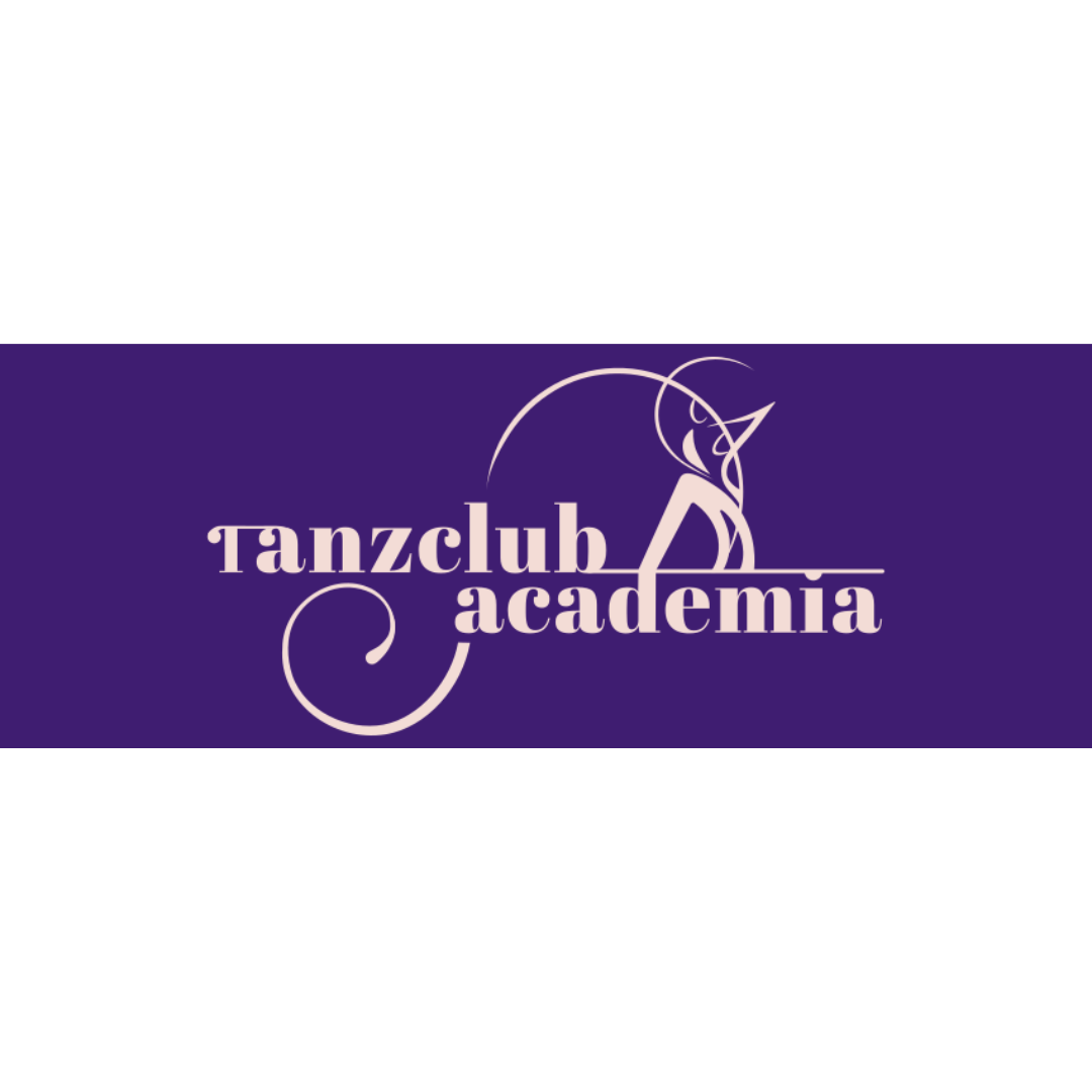 Logo „TC ACADEMIA ZÜRICH“ in eleganter Schrift, lila Hintergrund mit Tänzermotiv für Tanzkurse.