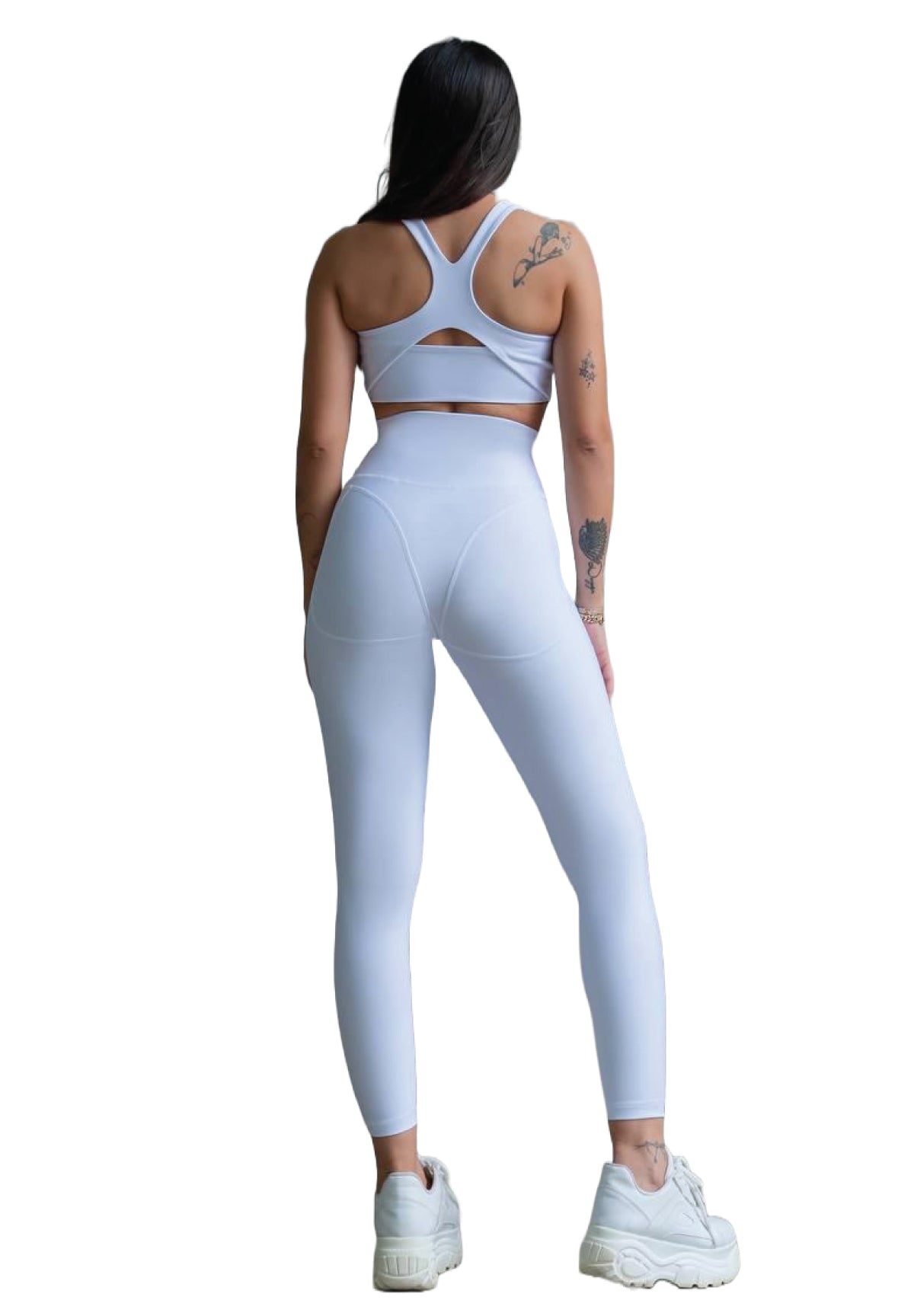 Rückansicht einer Person in Lisminas 314 Winter High Waist Leggings in Weiss, bereit für Outdoor-Sport.