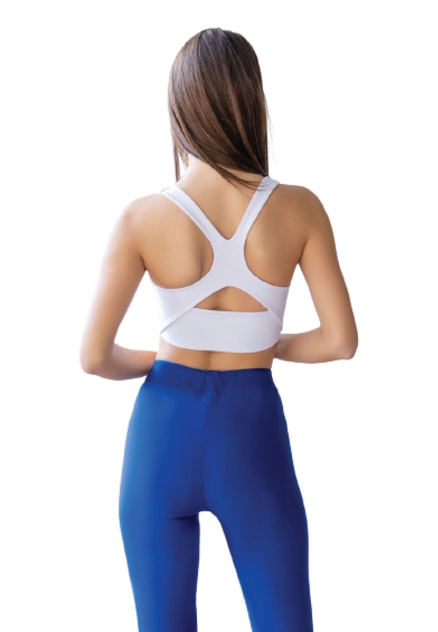 Modell Lismina im 236 Fit Sport-BH, Weiss, blaue Leggings; keine Rückgabe möglich.