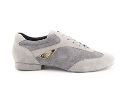 PD07 FASHION Tanzschuhe von Portdance: Grauer Denim mit Wildledersohle, Schnürung, niedriger Absatz. Perfekt für Standardtanz.