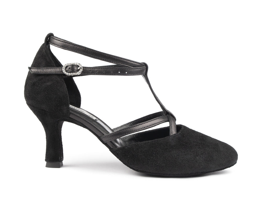 Elegante PD127 Nubuck Tanzschuhe von Portdance mit T-Riemen und Schnalle in schwarzem Wildleder.