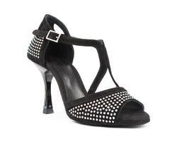 Die Tanzschuhe Portdance PD507 verfügen über einen schwarzen T-Riemen aus Nubukleder mit weißen Nieten und silbernen Glitzerdetails.