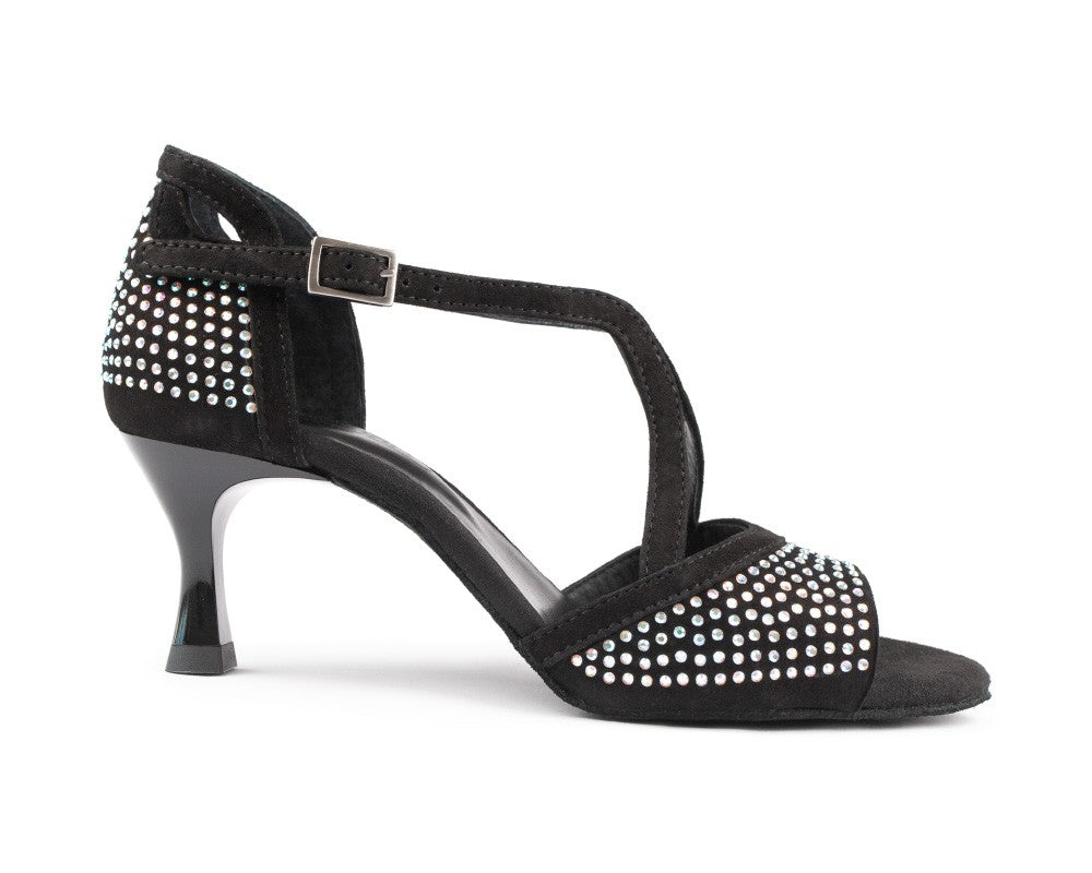 Portdance PD507 Tanzschuhe in Black Nubuck mit silbernen Steinen, niedrigem Absatz und Schnallenriemen.
