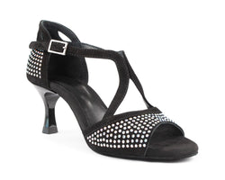 Portdance PD507 Tanzschuhe in Schwarz Nubuk/Stones mit Riemchenabsätzen und Strass-Glitzer-Akzenten.