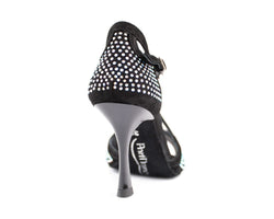 PD507 Tanzschuhe von Portdance: Schwarzer Stiletto mit weißen Punkten, silbernem Glitzer, Fesselriemchen, Rückansicht.