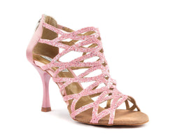 Portdance PD803 Pro Tanzschuhe: Rosa glitzernder High-Heel, Riemchendesign, offene Zehenpartie.
