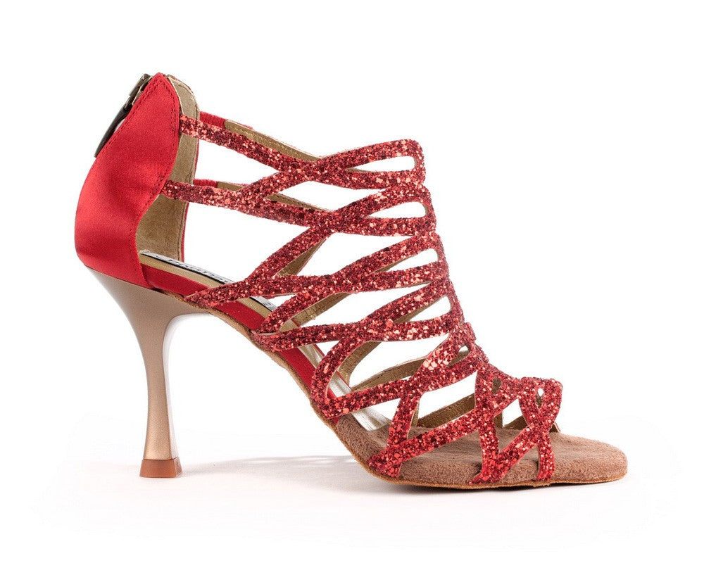 Roter Tanzschuh mit glitzernden Crisscross-Riemen und Satin-Finish von Portdance, Modell: PD803.