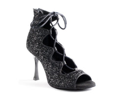 PD805 PRO Tanzschuhe in Black Glitter von Portdance: stylischer Peeptoe-Schnürschuh für breite und schmale Füße.