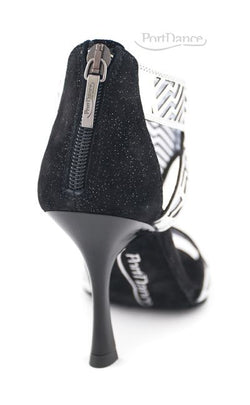 Silber/schwarzer Nubuk-Tanzschuh von Portdance mit glänzendem Stilettoabsatz und Reißverschluss hinten.